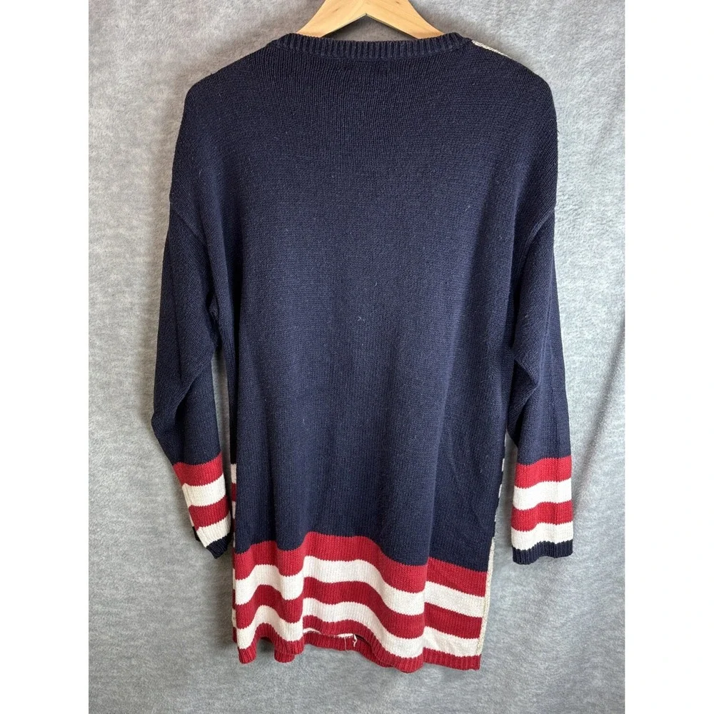 Vintage 90s Patriotic Teacher Sweater M Flag Red Blue Embroidered Patchwork